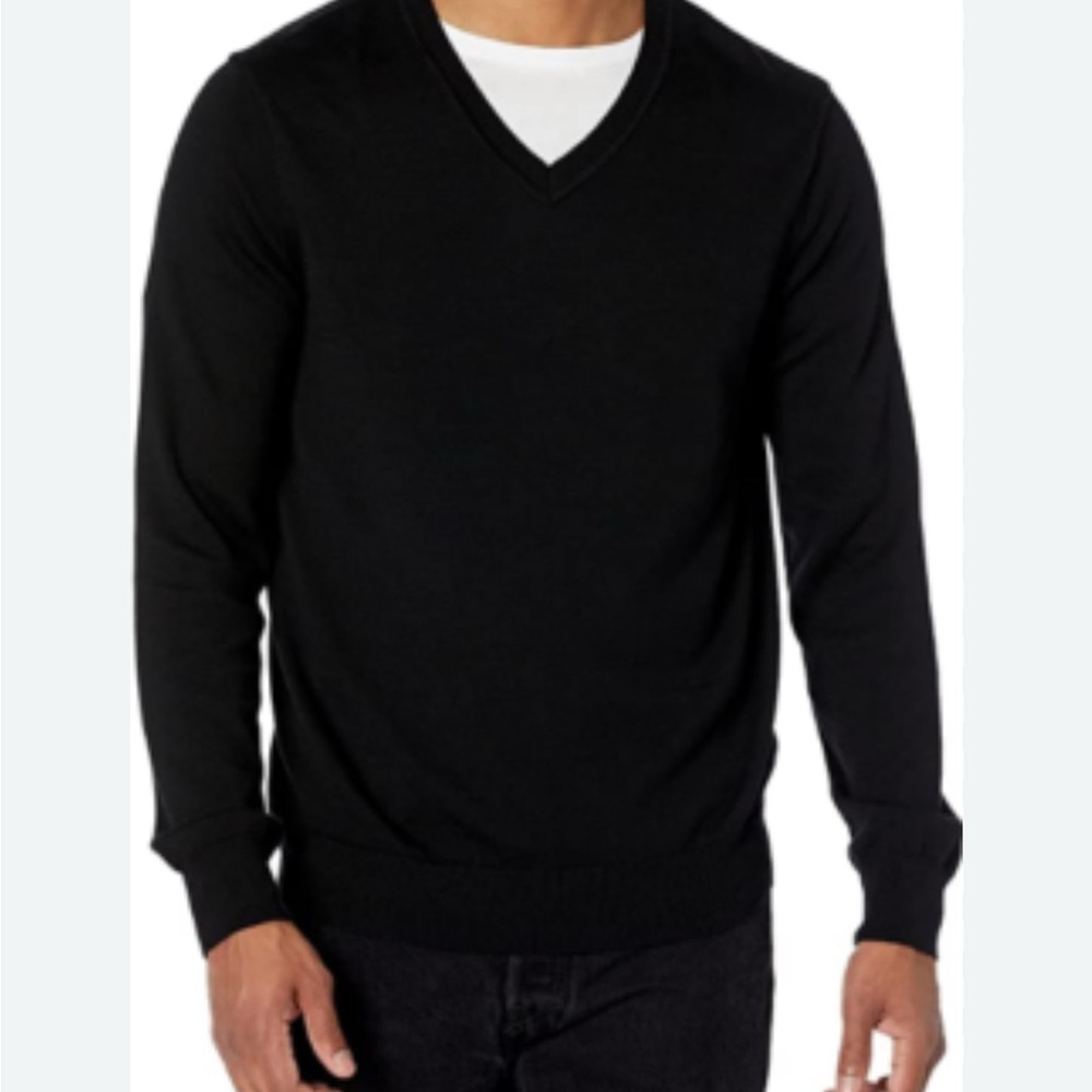 Perry Ellis Classic Black Merino Wool V-Neck Wide Ribbed Sweater Men’s Large EUC